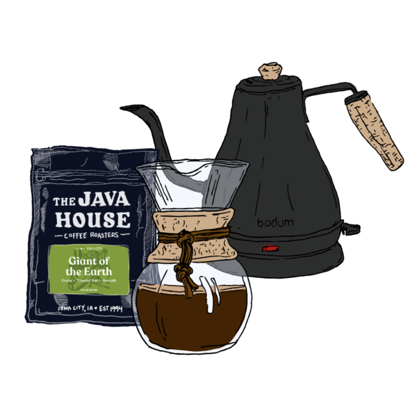 Illustration of Java House blend, Bodum pour over, and an electric gooseneck kettle.