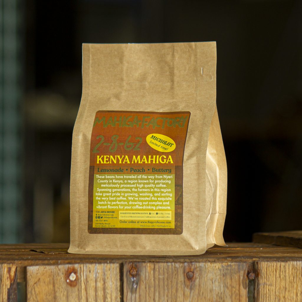 kenya mihaga, packaged in a brown craft bag sitting on an antique milk crate.