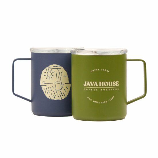 Java House Everyday Camp Mug blue and green stainless steel with BPA free plastic lid