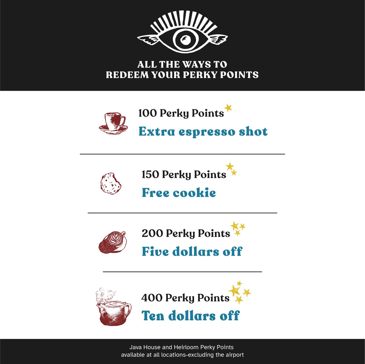 Perky Points Loyalty Rewards Program with Points earning free money additional espresso shots and merchandise excluding airport